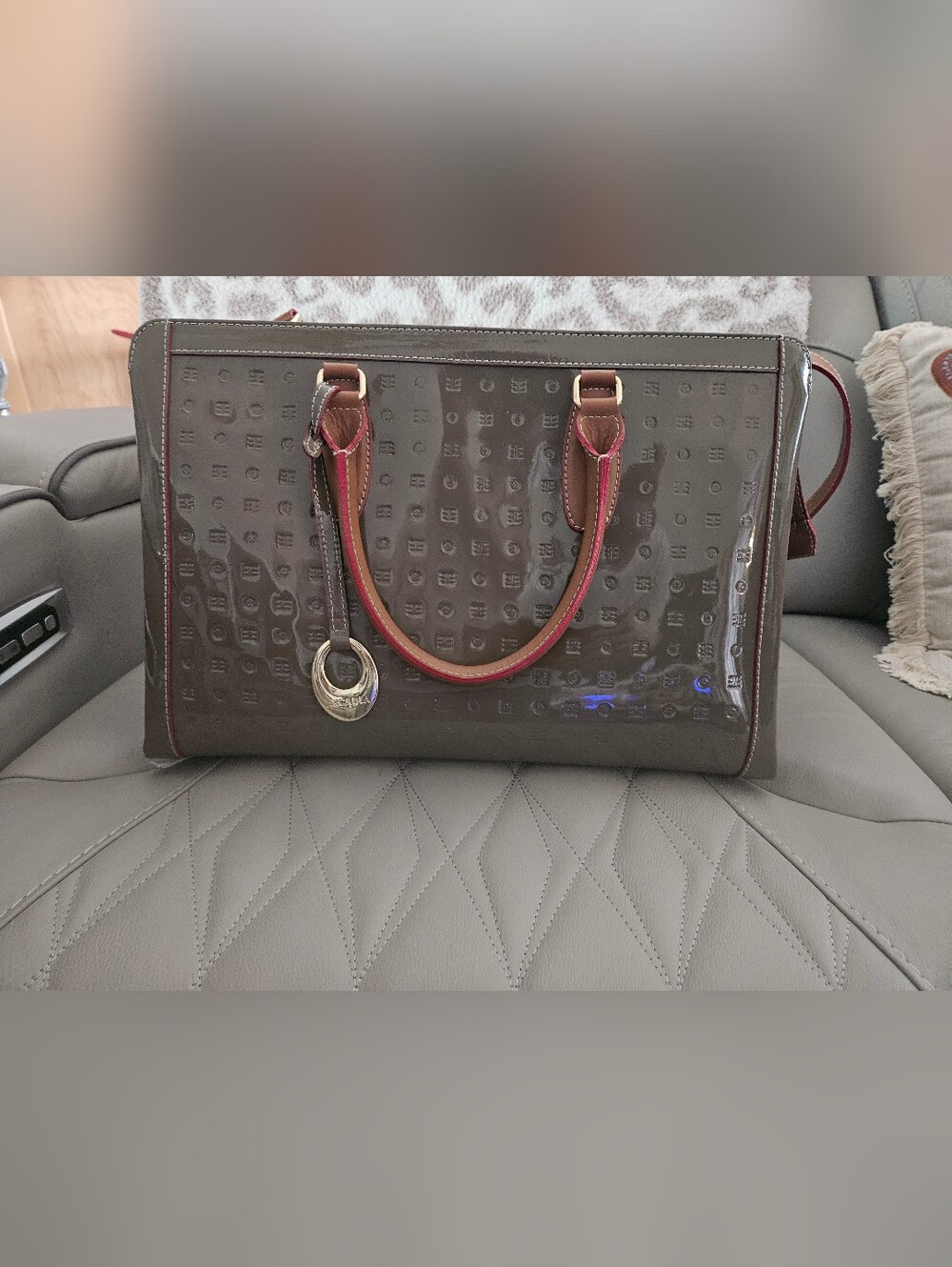 Arcadia Green/grey Patent Satchel with Tan And Red Trim Handles